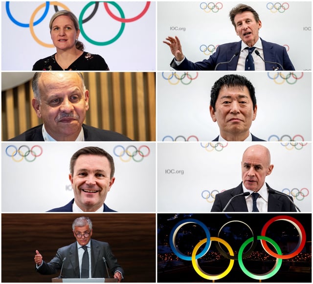 A combination picture shows the seven candidates in the race for the IOC presidency, Kirsty Coventry, Sebastian Coe, Prince Faisal Al Hussein, Morinari Watanabe, David Lappartient, Johan Eliasch and Juan Antonio Samaranch Jr. March 14, 2025. REUTERS