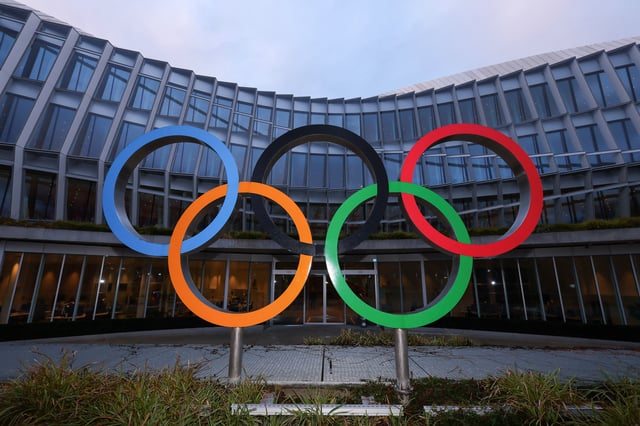 The Olympic rings symbol is displayed at the Olympic House, ahead of the Executive Board meeting of the International Olympic Committee (IOC), in Lausanne, Switzerland, December 3, 2024. REUTERS/Denis Balibouse/File Photo