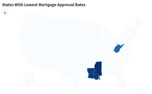 The map shows which states have the highest mortgage denial rates.