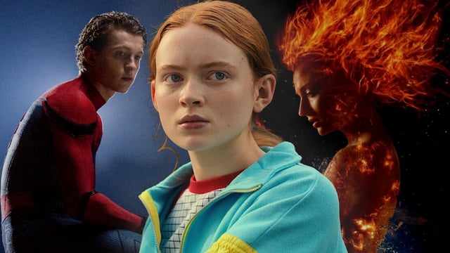 Sadie Sink in Stranger Things next to Tom Holland's Spider-Man and Sophie Turner as Jean Grey