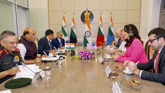 Defence Minister Rajnath Singh, Chief of Defence Staff (CDS) General Anil Chauhan and others during a meeting with US Director of National Intelligence Tulsi Gabbard,