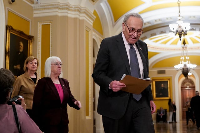 Senate Minority Leader Chuck Schumer (D-NY) walks on the day of the Senate Democrats' weekly policy lunch on Capitol Hill in Washington, D.C., U.S., February 25, 2025. REUTERS/Nathan Howard/File Photo