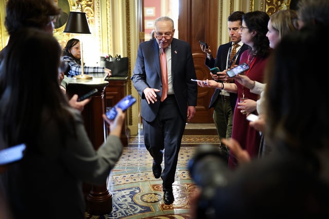 Senate Minority Leader Chuck Schumer leaves the Democratic caucus lunch at the US Capitol on March 13, 2025, in Washington, DC.