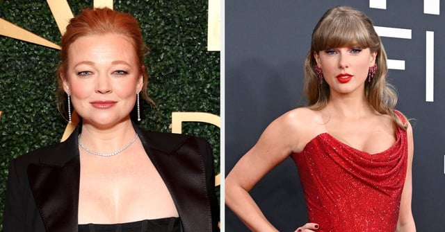 Two celebrities pose on the red carpet. Left: person in a black outfit with blazer. Right: person in a sparkly gown with strapless design