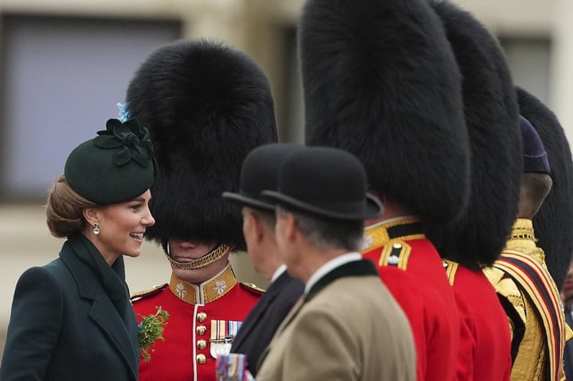 Britain's Kate, the Princess of Wales, arrives to join the Irish Guards, their veterans, families, serving soldiers, reservists, and young cadets from Northern Ireland, at a special St Patrick's Day parade and celebration at Wellington Barracks in London, Monday, March 17, 2025.(AP Photo/Kirsty Wigglesworth)