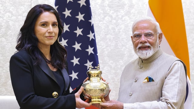 Prime Minister Narendra Modi gifted a vase of Maha Kumbh gangajal to US Director of National Intelligence Tulsi Gabbard,