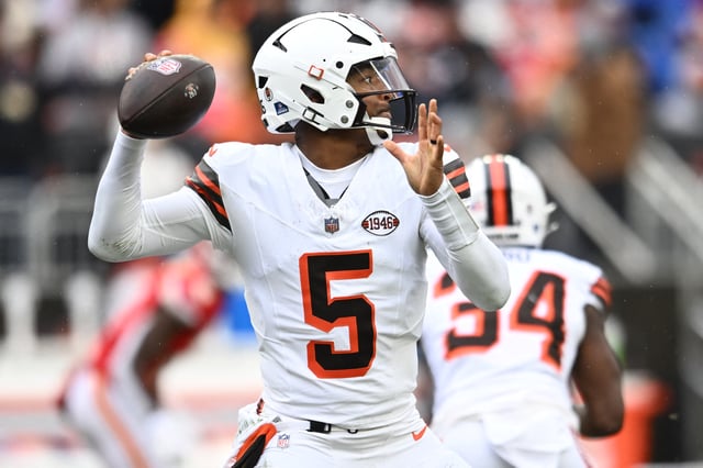 Dec 15, 2024; Cleveland, Ohio, USA; Cleveland Browns quarterback Jameis Winston (5) throws a pass during the first half against the Kansas City Chiefs at Huntington Bank Field. Mandatory Credit: Ken Blaze-Imagn Images/File Photo