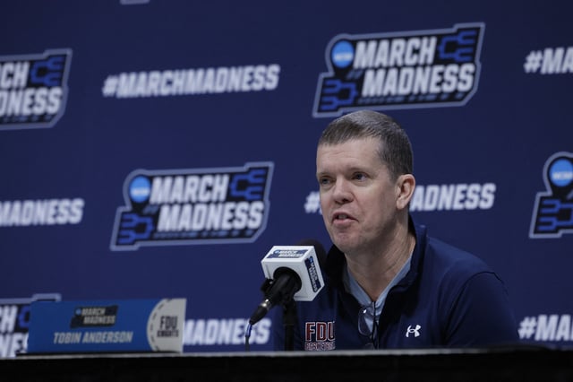 Mar 16, 2023; Columbus, OH, USA; Fairleigh Dickinson Knights head coach Tobin Anderson speaks with the media during NCAA Tournament First Round Columbus Practice at Nationwide Arena. Mandatory Credit: Rick Osentoski-USA TODAY Sports/File Photo