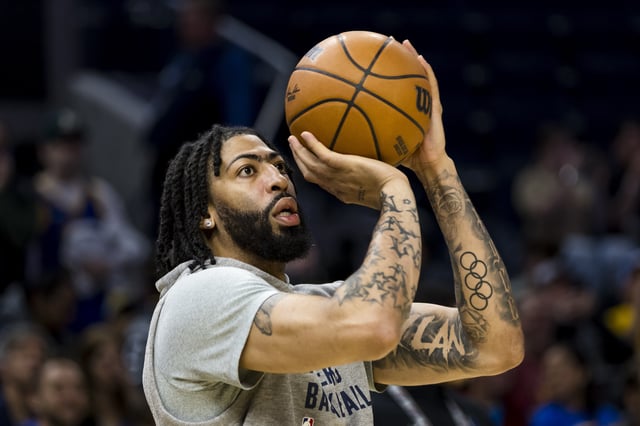 Feb 23, 2025; San Francisco, California, USA; Dallas Mavericks forward Anthony Davis (3) warms up before the game against the Golden State Warriors at Chase Center. Mandatory Credit: John Hefti-Imagn Images/File Photo