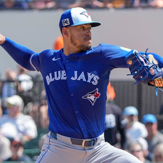 Toronto Blue Jays pitcher Jose Berríos throws against the Detroit Tigers in the first inning of a spring training baseball game, Monday, March 3, 2025, in Lakeland, Fla. (AP Photo/John Raoux)