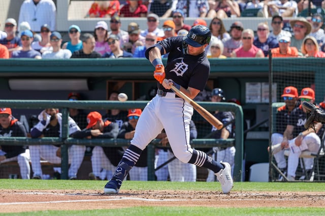 Mar 3, 2025; Lakeland, Florida, USA; Detroit Tigers third baseman Jace Jung (17) bats during the second inning against the Toronto Blue Jays at Publix Field at Joker Marchant Stadium. Mandatory Credit: Mike Watters-Imagn Images/File Photo