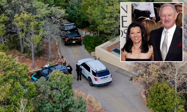 Santa Fe County deputies remain outside the New Mexico house where actor Gene Hackman and his wife Betsy Arakawa (inset) were found dead. (AP Photo/Roberto E. Rosales; Getty)