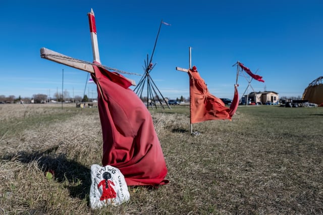 A display at the entrance of a makeshift camp near near the Prairie Green landfill in Winnipeg, Manitoba, Canada in April 2024