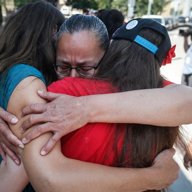 Families and supporters of four murdered women celebrate outside the Manitoba Law Courts after the guilty verdict of serial killer Jeremy Skibicki is read in a courtroom in Winnipeg on Thursday, July 11, 2024. Skibicki plead guilty, but not criminally responsible due to mental illness, to the murders of Marcedes Myran, 26, Morgan Harris, 39, and Rebecca Contois, 24 and a fourth, unidentified woman. A judge determined Skibicki is guilty of killing all four women. THE CANADIAN PRESS/John Woods