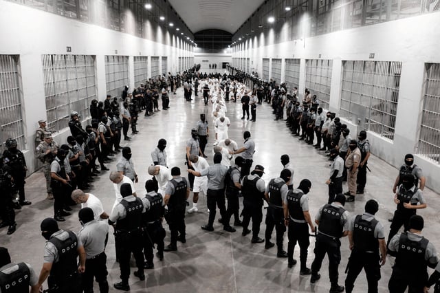 In this handout photo obtained March 16 from El Salvador’s Presidency Press Office, Salvadoran police officers escort alleged members of the Venezuelan gang Tren de Aragua recently deported by the US government.