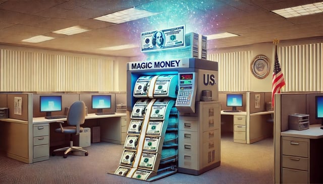 An image about Elon Musk says US government prints unlimited cash with its 'magic money computer'