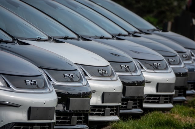 BYD electric cars are for sale in a dealership in Bristol, England on March 6, 2025.