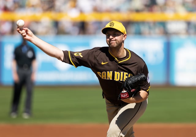 Mar 15, 2025; Peoria, Arizona, USA; San Diego Padres pitcher Michael King against the Seattle Mariners during a spring training game at Peoria Sports Complex. Mandatory Credit: Mark J. Rebilas-Imagn Images/File Photo