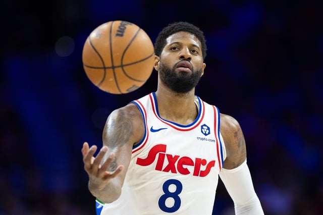 Mar 1, 2025; Philadelphia, Pennsylvania, USA; Philadelphia 76ers forward Paul George (8) catches a ball against the Golden State Warriors during the third quarter at Wells Fargo Center. Mandatory Credit: Bill Streicher-Imagn Images/File Photo