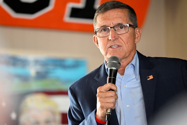 Former General Michael Flynn speaks at a campaign event with Republican senate candidate Josh Mandel (not pictured) ahead of next month's primary election in Cortland, Ohio, U.S., April 21, 2022. REUTERS/Gaelen Morse/ File Photo