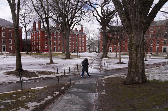 A pedestrian walks through Harvard Yard at Harvard University, Wednesday, Feb. 26, 2025, in Cambridge, Mass. (AP Photo/Charles Krupa)