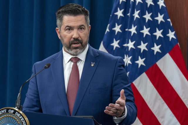 Pentagon press secretary Sean Parnell speaks to the media in the Pentagon Press Briefing Room, Monday, March 17, 2025, at the Pentagon in Washington. (AP Photo/Jacquelyn Martin)