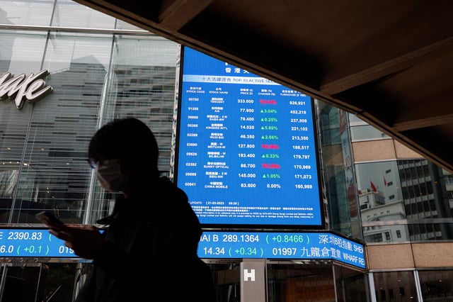 A woman walks past a screen displaying the Hang Seng Index at Central district, in Hong Kong, China March 21, 2023. REUTERS/Tyrone Siu/File photo