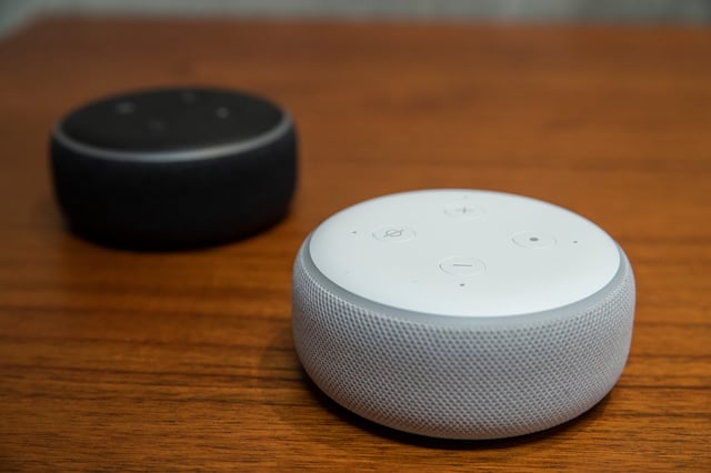 "Echo Dots" are pictured at Amazon Headquarters on September 20, 2018 in Seattle, Washington.