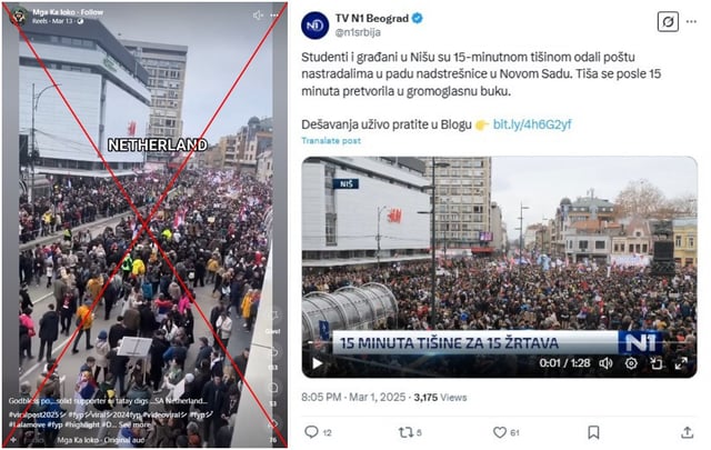 Screenshot comparison of the circulating video (left) and the video from TV N1 Beograd 