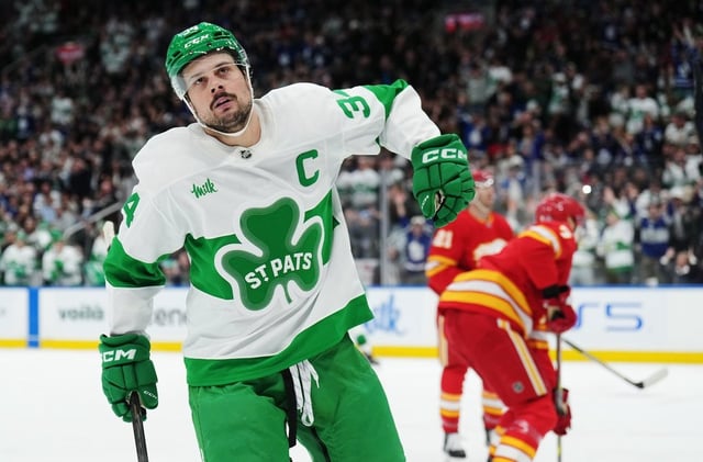 Toronto Maple Leafs forward Auston Matthews (34) celebrates his goal against the Calgary Flames during second period NHL hockey action in Toronto on Monday, March 17, 2025. THE CANADIAN PRESS/Nathan Denette