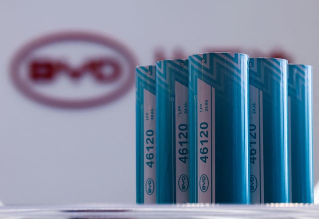 BYD's large cylindrical cell batteries are pictured at Smart Energy Week showcasing technologies and information in the energy industry, in Tokyo, Japan February 19, 2025. REUTERS/Kim Kyung-Hoon/File Photo