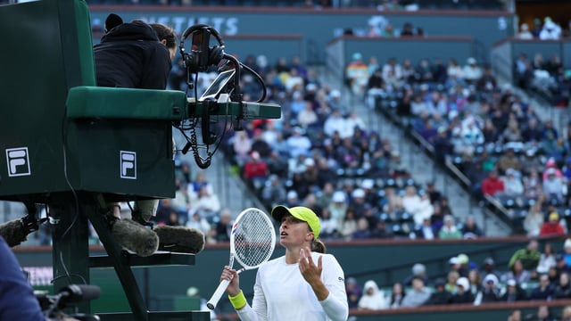  Iga Swiatek shows her frustration to the umpire during her three set defeat against Mirra Andreeva in their Semifinal match during BNP Paribas Open