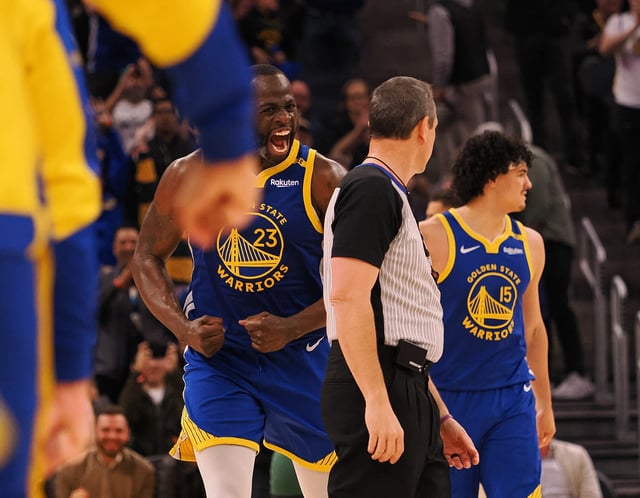 Mar 17, 2025; San Francisco, California, USA; Golden State Warriors forward Draymond Green (23) reacts towards referee JT Orr (72) after a play against the Denver Nuggets during the fourth quarter at Chase Center. Mandatory Credit: Kelley L Cox-Imagn Images