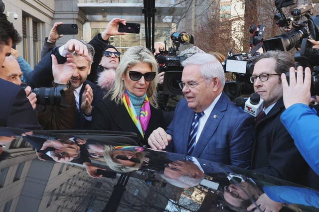 Former Sen. Bob Menendez, Democrat from New Jersey, and his wife Nadine Menendez depart a Manhattan courthouse on March 11, 2024.