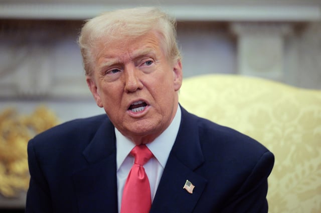 U.S. President Donald Trump answers reporters&#39; questions while hosting Irish Taoiseach Micheal Martin in the Oval Office at the White House on March 12, 2025, in Washington, DC.