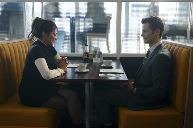 Amber Midthunder, left, and Jack Quaid in a scene early in “Novocaine.”