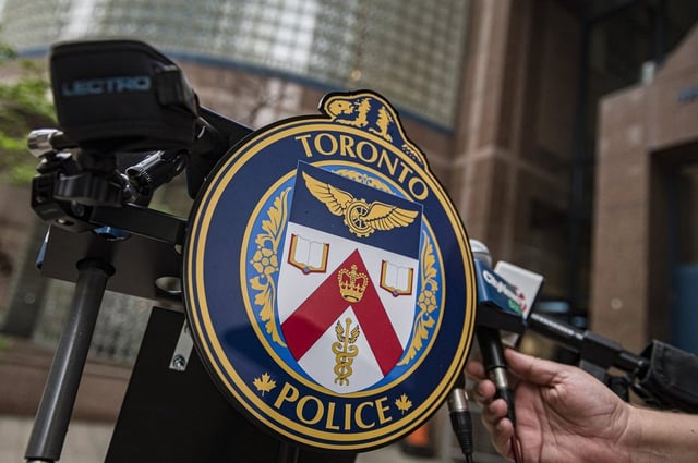 The Toronto Police Services emblem is photographed during a press conference at TPS headquarters, in Toronto, Tuesday, May 17, 2022. THE CANADIAN PRESS/Christopher Katsarov