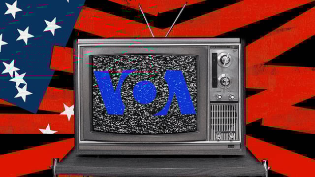 A TV with the logo of Voice of America on it and static noise.