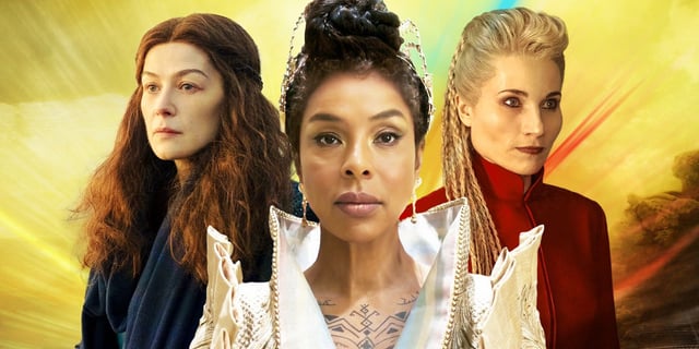 Sophie Okonedo, Kate Fleetwood, and Rosamund Pike in The Wheel of Time
