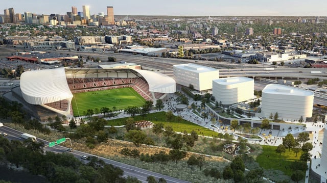 An artist’s rendering of a stadium and recreational district for Denver&#39;s new NWSL franchise, including a 14,500-seat venue, located at Santa Fe Yards (Broadway and I-25) in Denver. (Rendering provided by Populous/Denver NWSL)