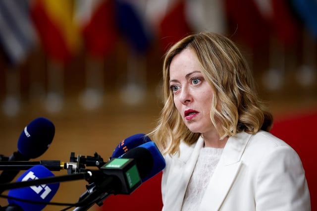 Italian Prime Minister Giorgia Meloni speaks to the media at the end of a European Union leaders' special summit to discuss Ukraine and European defence, in Brussels, Belgium March 6, 2025. REUTERS/Stephanie Lecocq/File Photo