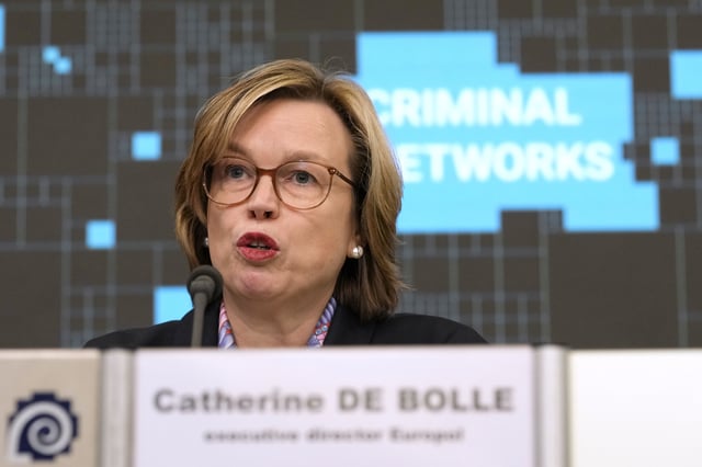 FILE - Europol Executive-Director Catherine De Bolle, addresses a media conference, in Brussels, Friday, April 5, 2024. (AP Photo/Virginia Mayo, File)