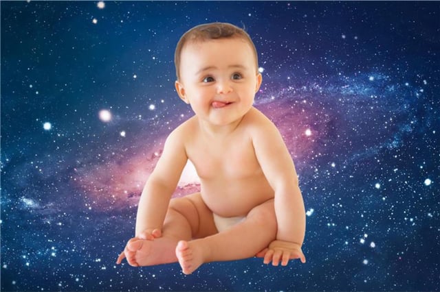 Stock image of a baby over the universe.