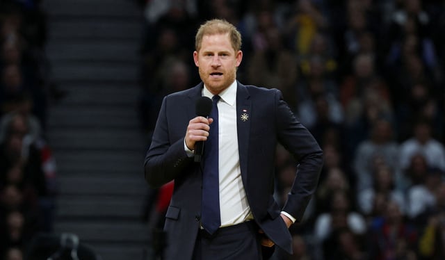 Britain's Prince Harry speaks during the opening ceremony of the Invictus Games at BC Place stadium in Vancouver, British Columbia, Canada February 8, 2025.  REUTERS/Chris Helgren
