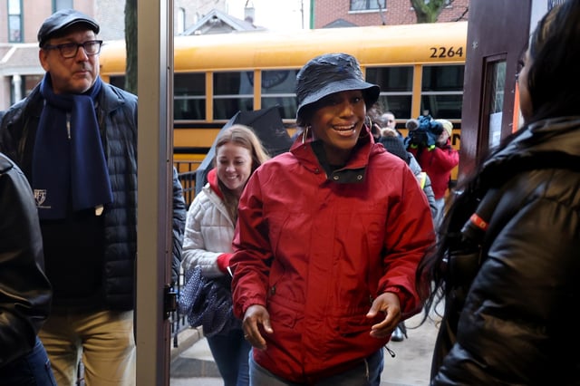 Chicago Teachers Union President Stacy Davis Gates with CTU members, teachers and support staff walk into the school building as they take part in a Chicago Teachers Union Walk-In at Minnie Miñoso Elementary in Chicago, March 4, 2025. The union and educators were pushing to finalize a new contract.   (Antonio Perez/Chicago Tribune)