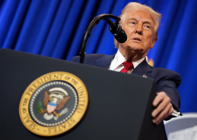 U.S. President Donald Trump speaks at the Justice Department March 14, 2025 in Washington, DC.