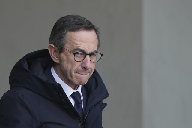 FILE - French Interior Minister Bruno Retailleau leaves the weekly cabinet meeting, Wednesday, Feb. 19, 2025 at the Elysee Palace in Paris. (AP Photo/Thibault Camus, File)