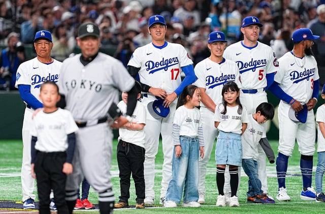 Shohei Ohtani #17 of the Los Angeles Dodgers reacts prior to the MLB Tokyo Series between Los Angeles Dodgers and Yomiuri Giants at Tokyo Dome on March 15, 2025 in Tokyo, Japan.