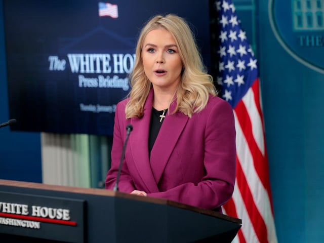 WASHINGTON, DC - JANUARY 28: White House Press Secretary Karoline Leavitt holds her first news conference in the Brady Press Briefing Room at the White House on January 28, 2025 in Washington, DC. At 27 years old, Leavitt is the youngest White House press secretary in U.S. history.