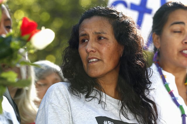Jeanette Vizguerra speaks after leaving the church early Friday, May 12, 2017, in downtown Denver. 